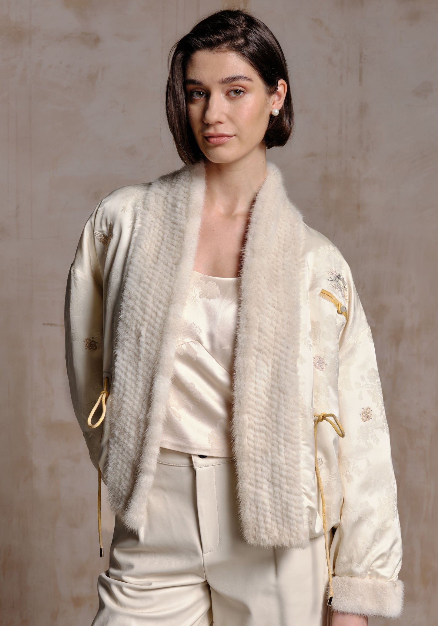White Puffer Jacket with Hand-woven Fur Collar
