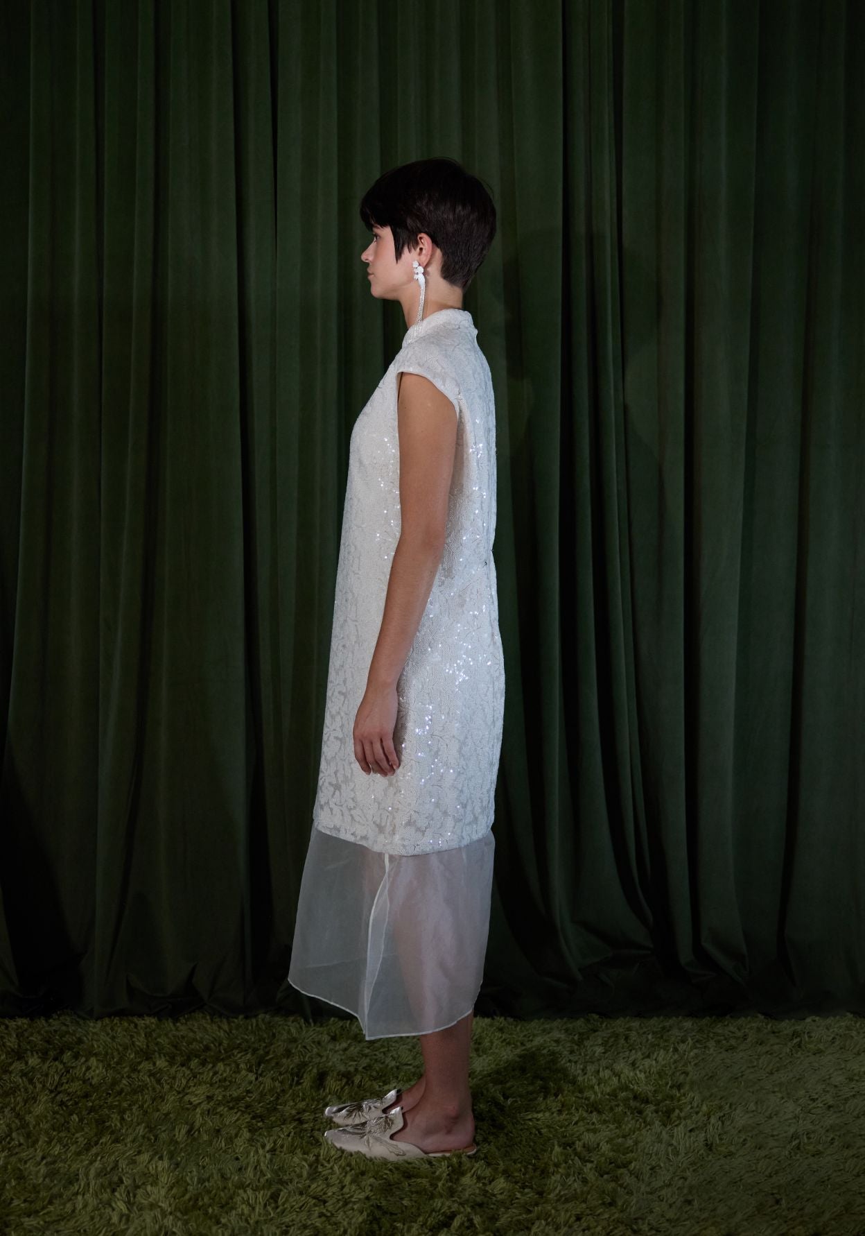 White Dress with Mandarin Collar and Beads Details