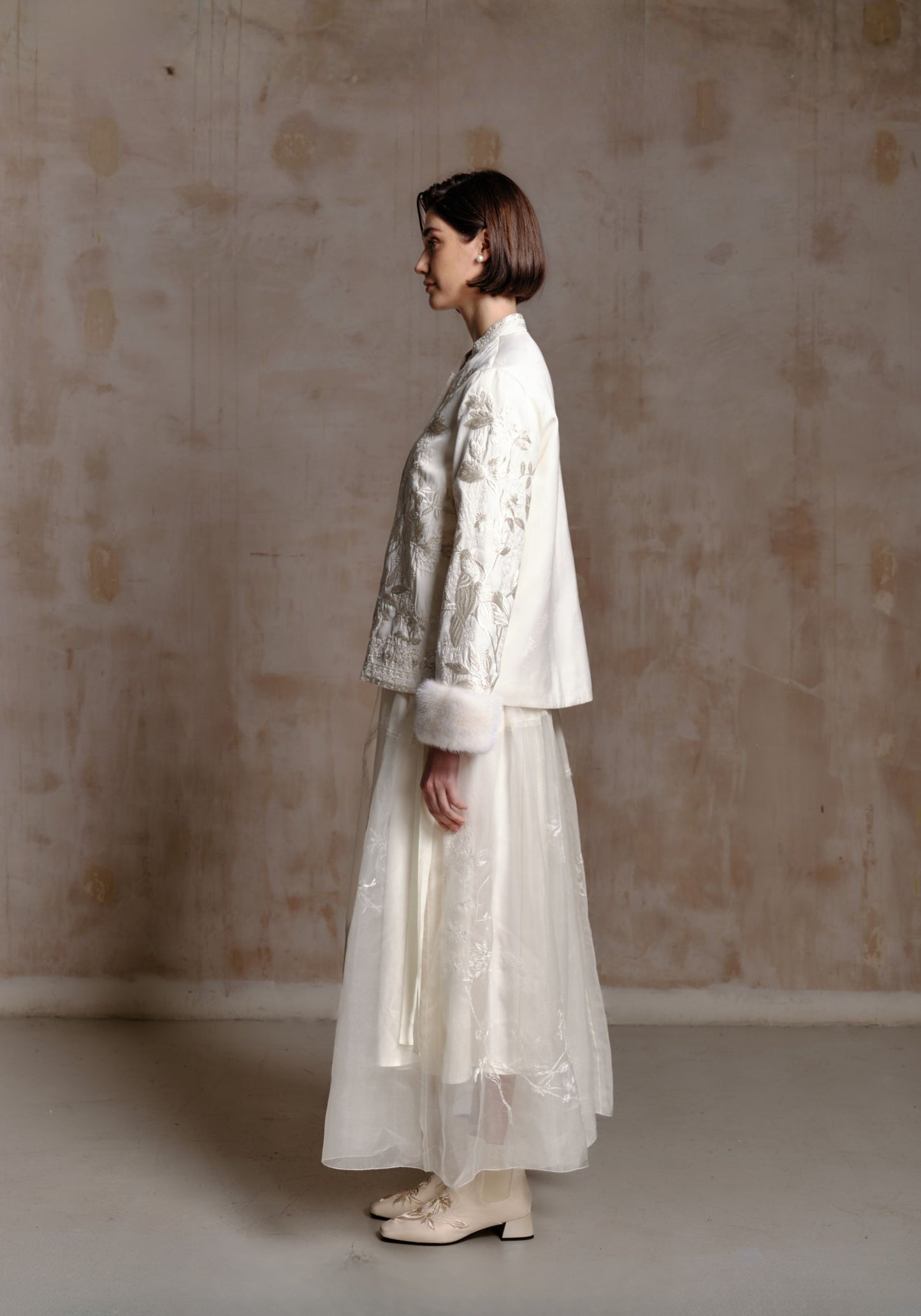 White Embroidered Puffer Jacket with Fur Cuff