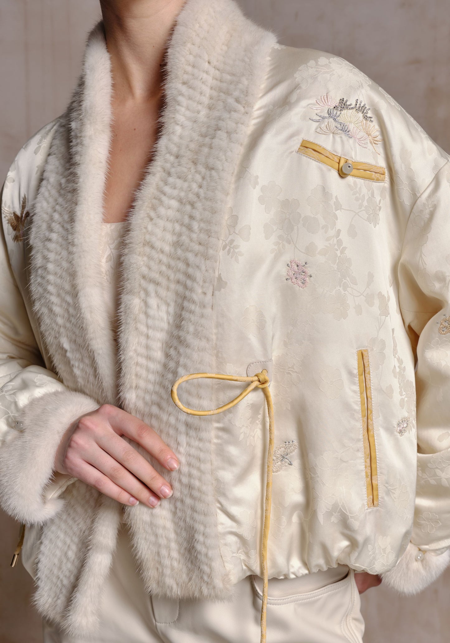 White Puffer Jacket with Hand-woven Fur Collar