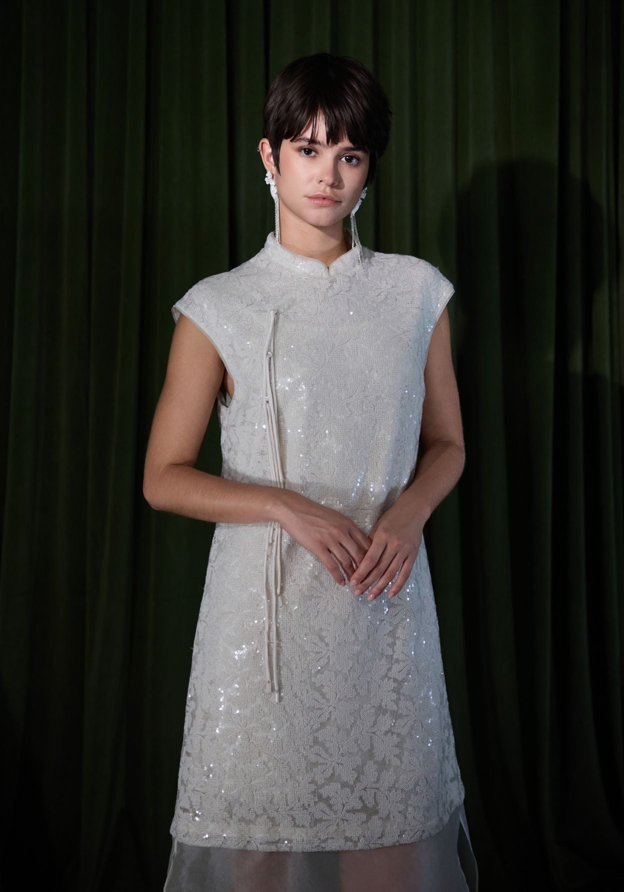 White Dress with Mandarin Collar and Beads Details