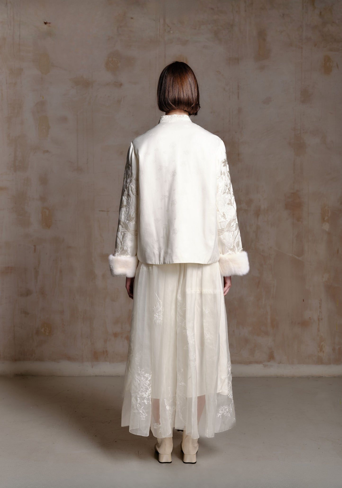 White Embroidered Puffer Jacket with Fur Cuff