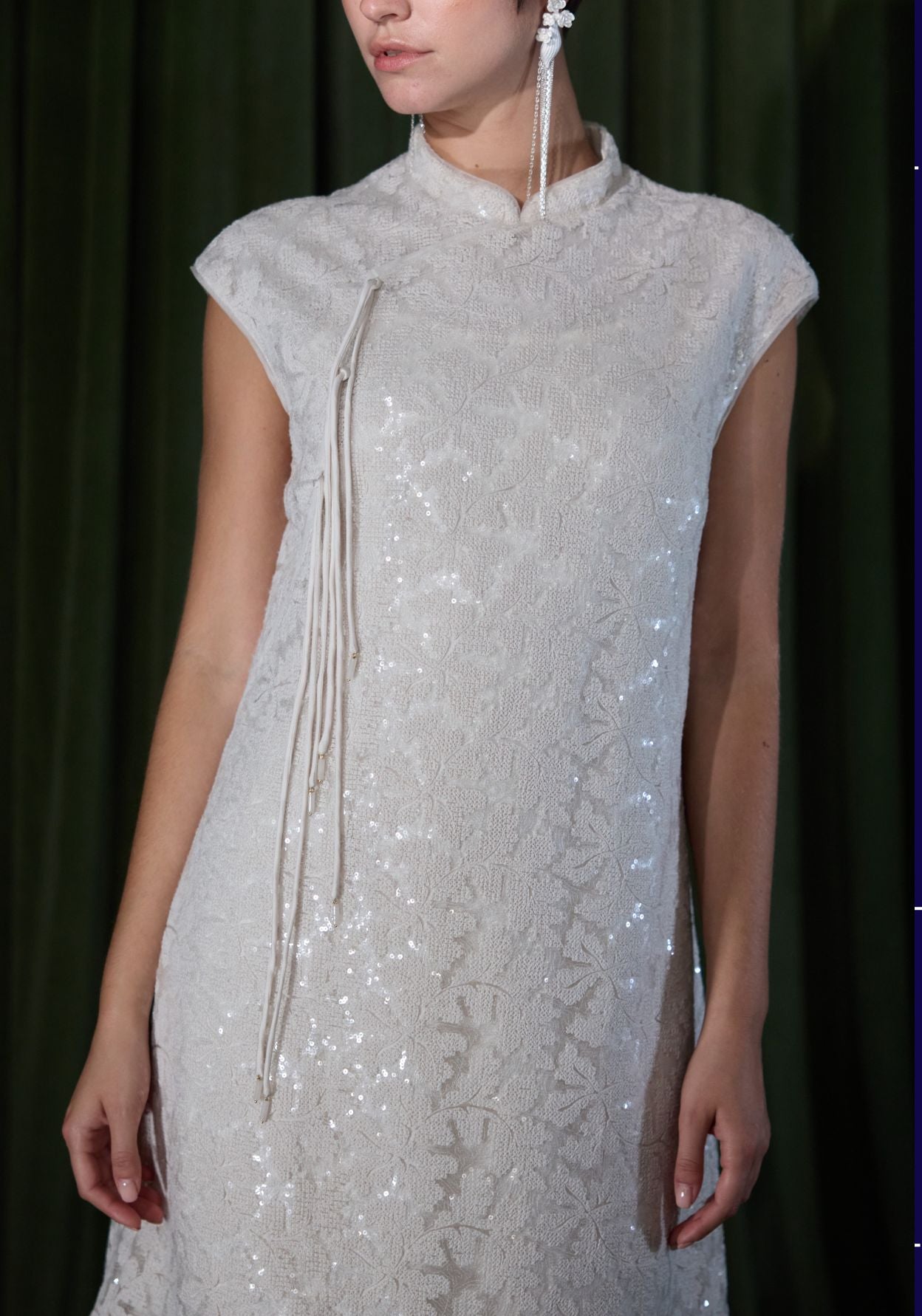 White Dress with Mandarin Collar and Beads Details