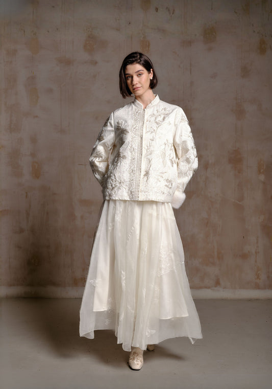 White Embroidered Puffer Jacket with Fur Cuff