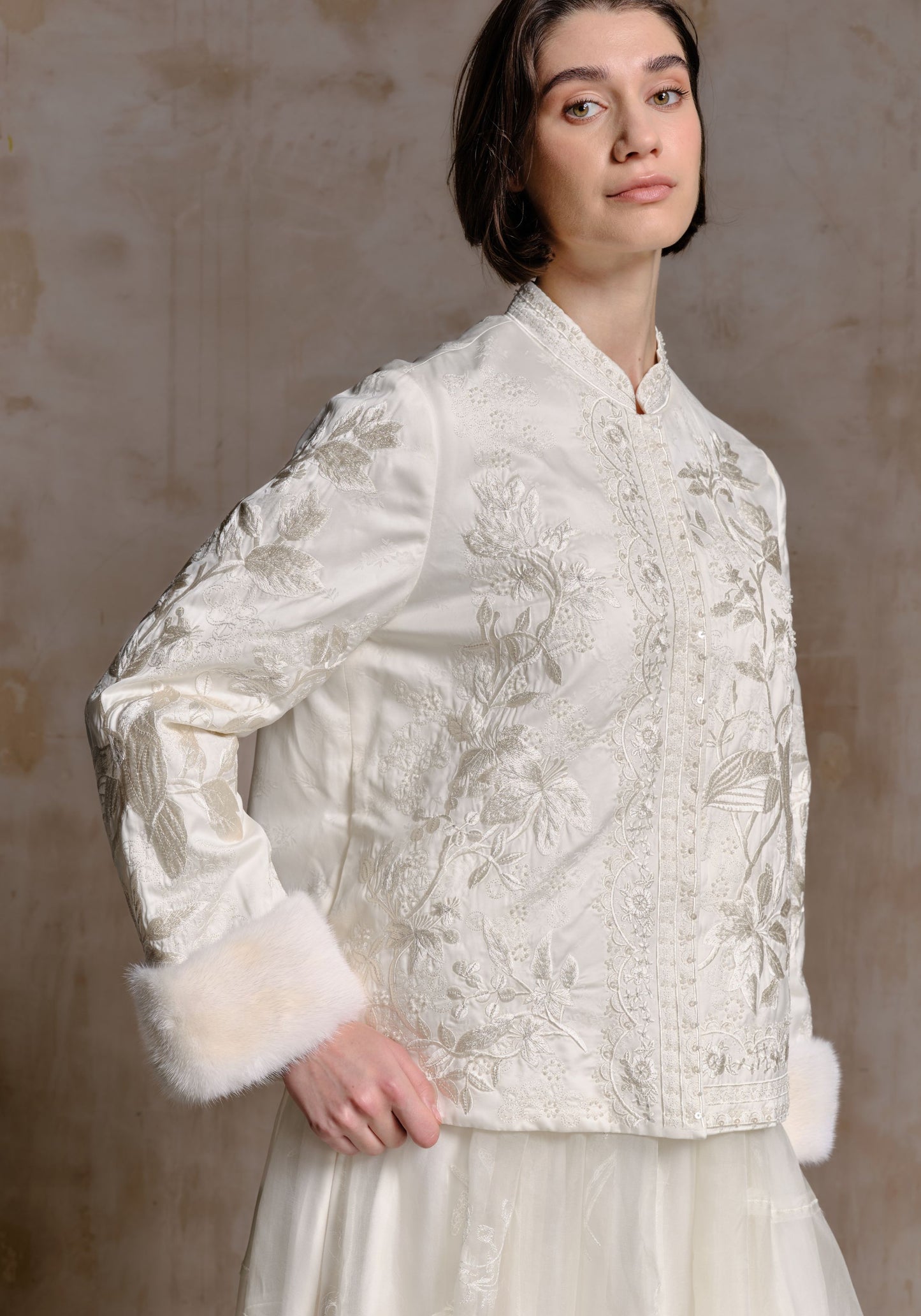 White Embroidered Puffer Jacket with Fur Cuff