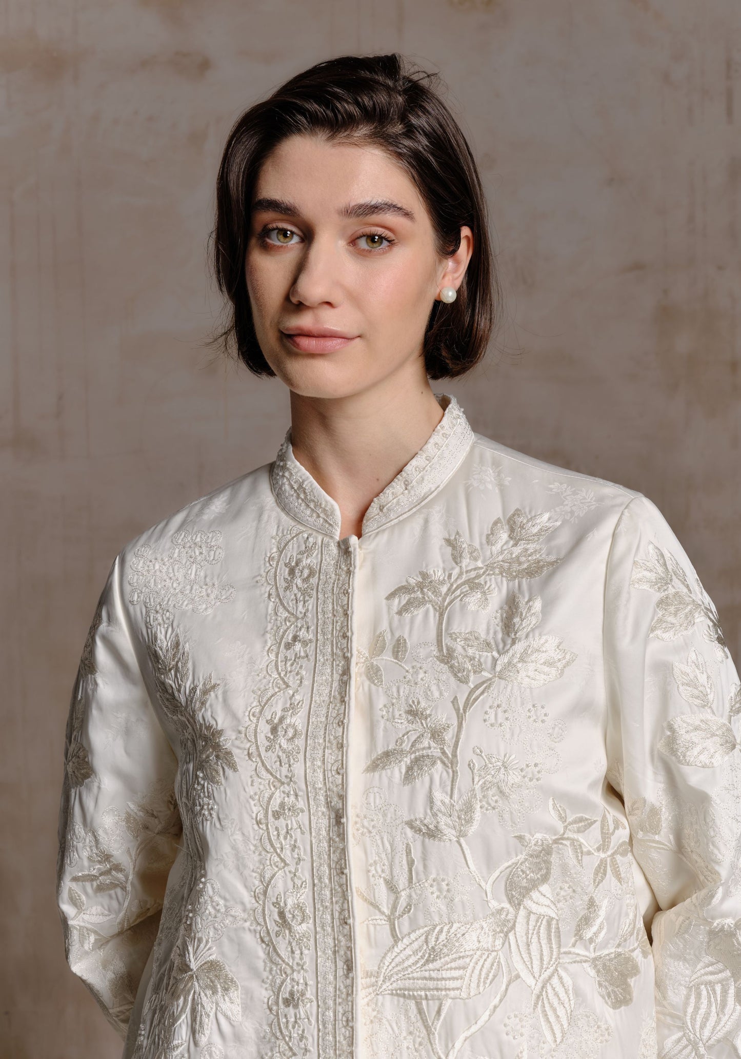 White Embroidered Puffer Jacket with Fur Cuff