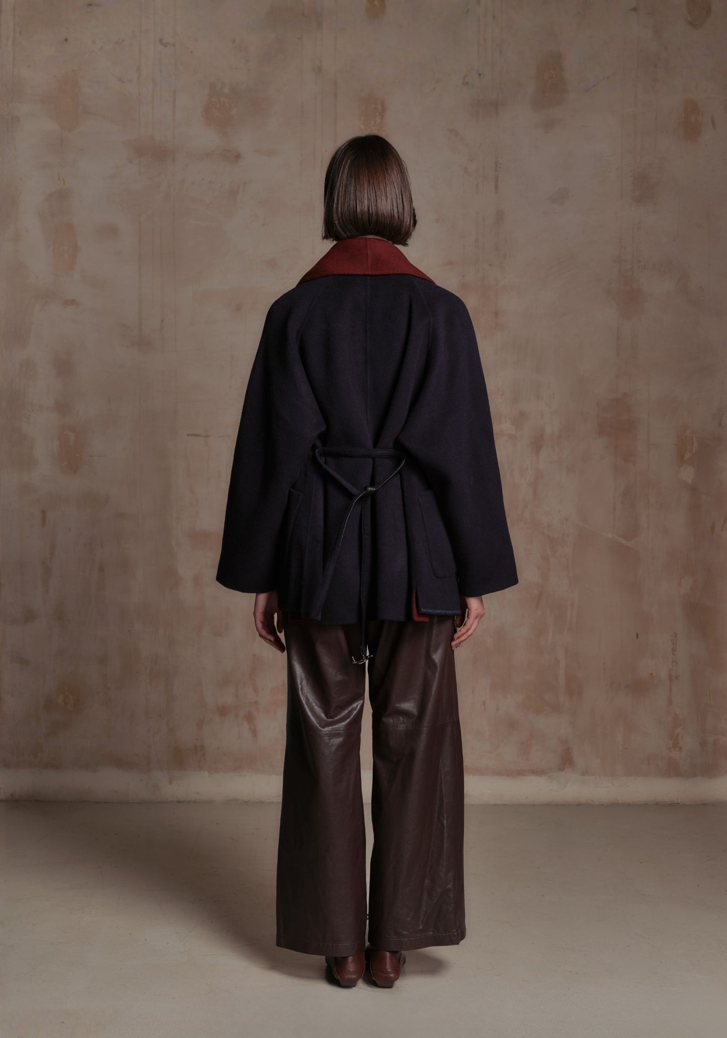 Navy and Burgundy Cashmere Coat with Tassel Details