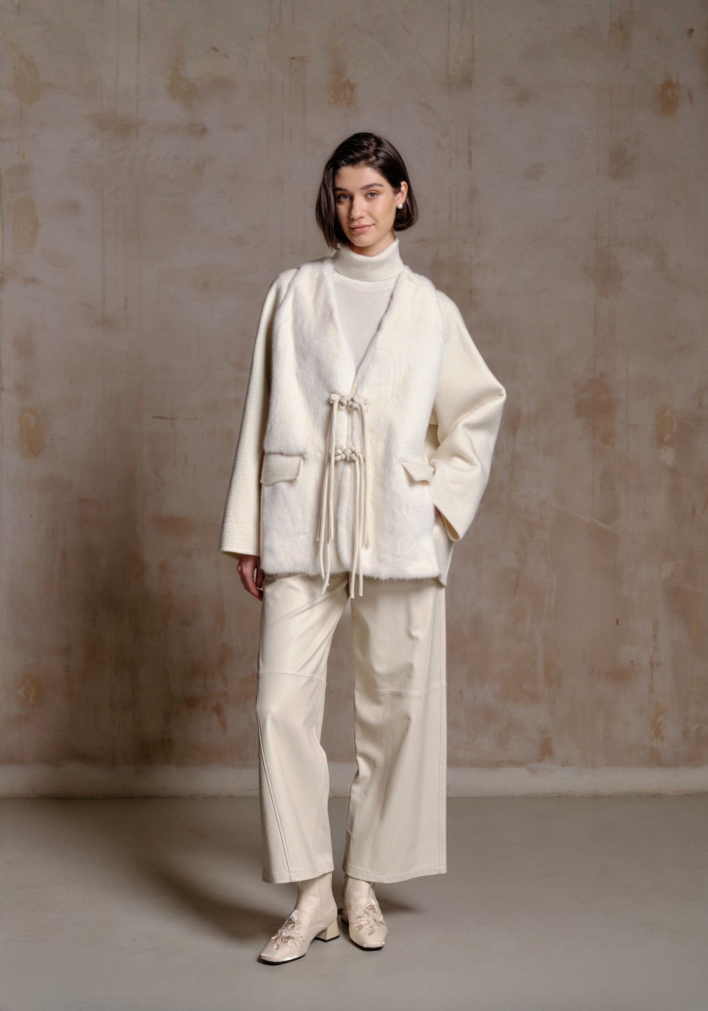 White Fur Coat with Chinese buttons