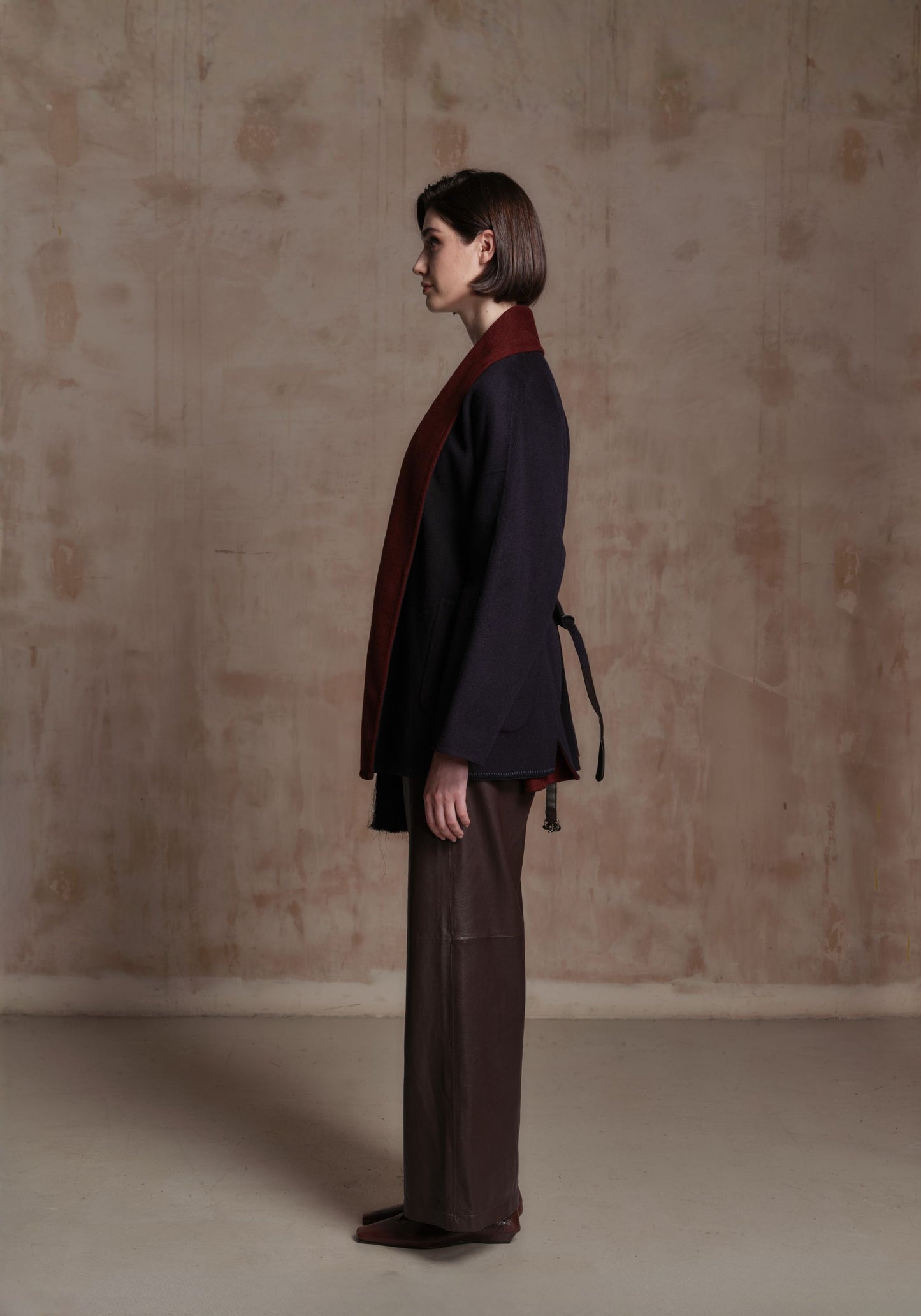 Navy and Burgundy Cashmere Coat with Tassel Details