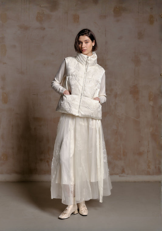 White Puffer Vest with Emboidery Details