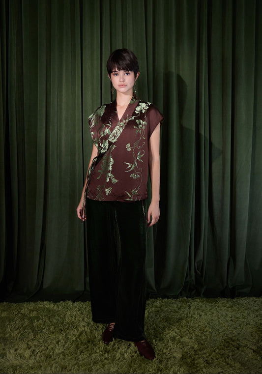 Brown Sleeveless Wrapped Top with Green Jacquard