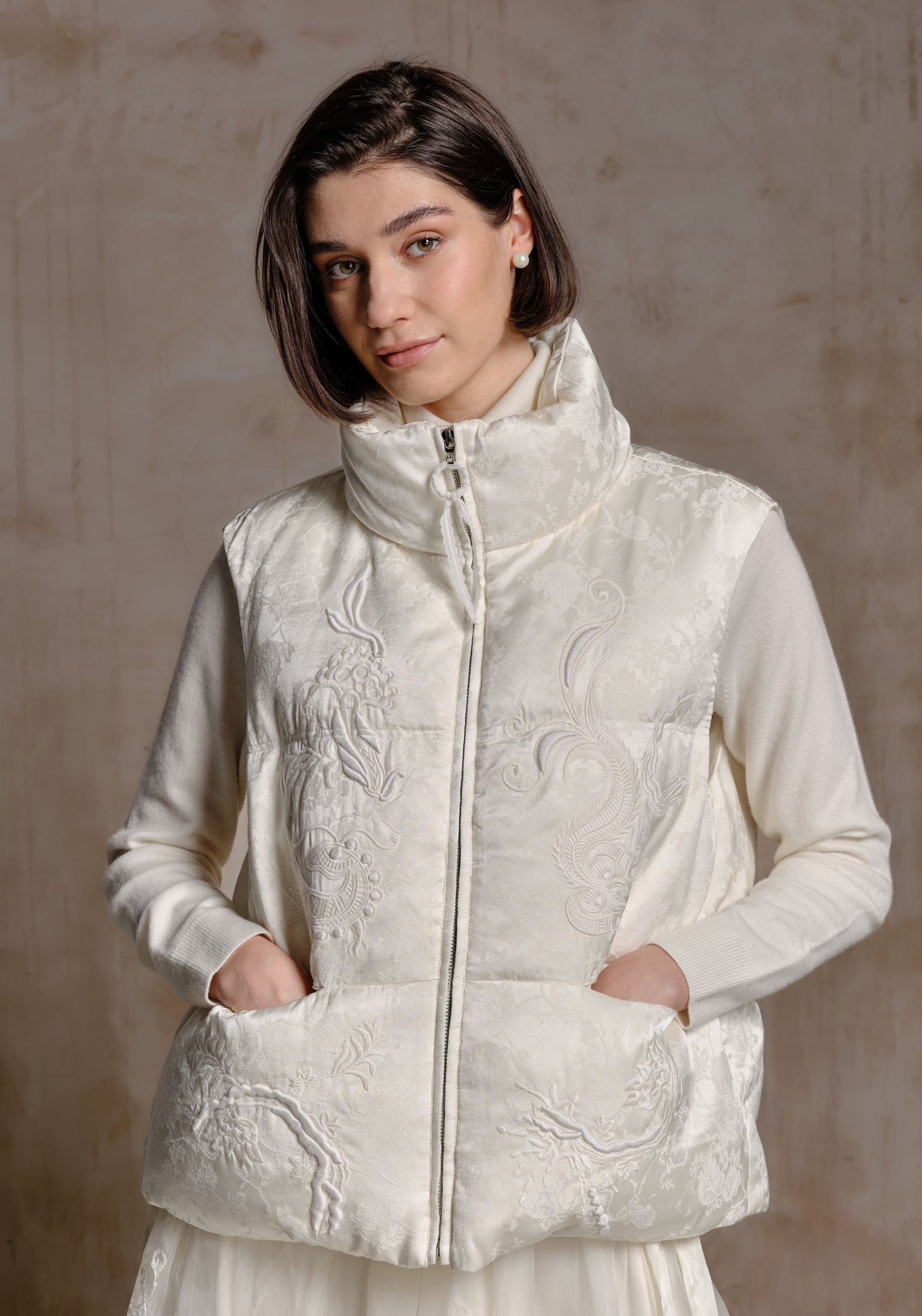 White Puffer Vest with Emboidery Details