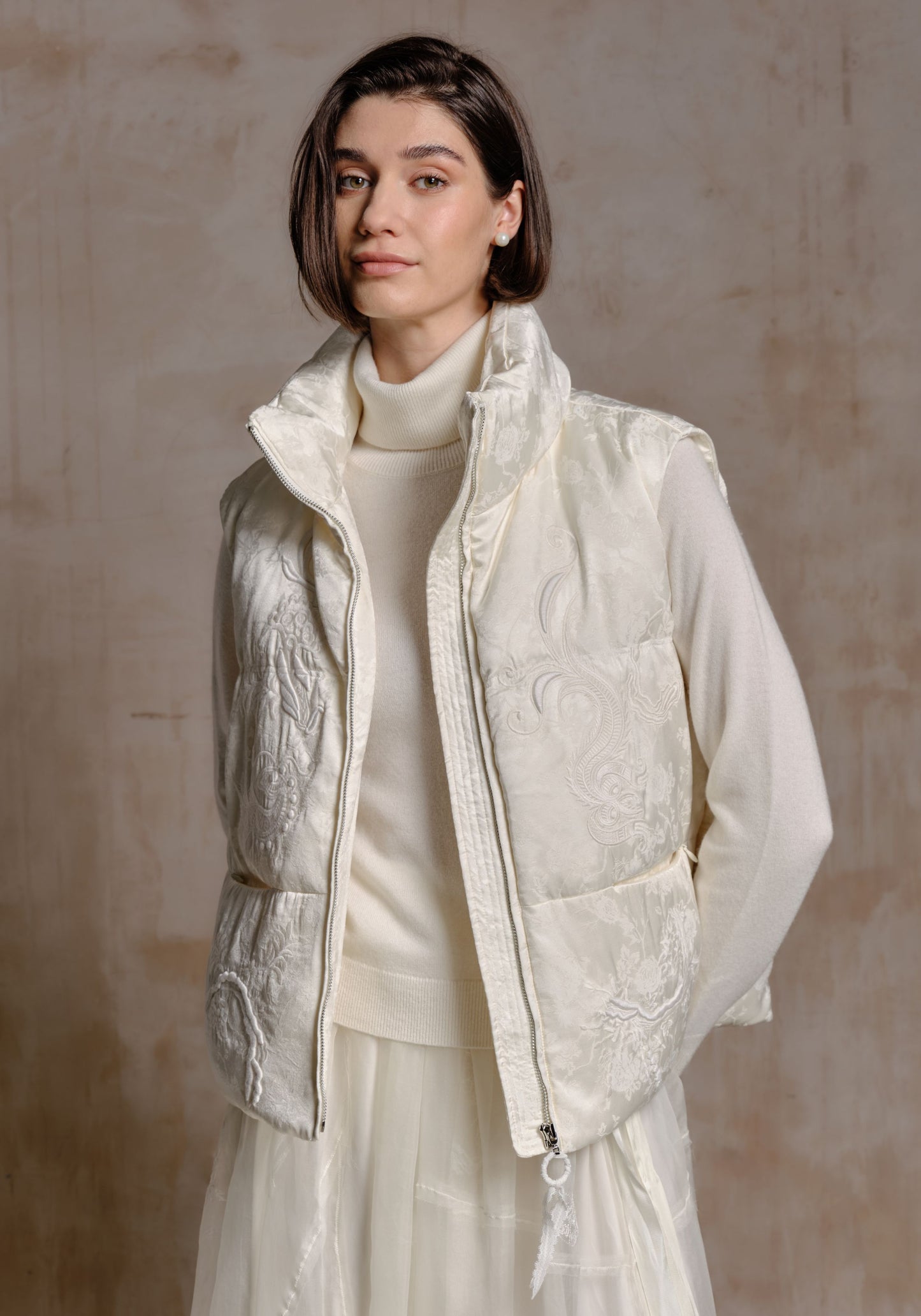 White Puffer Vest with Emboidery Details