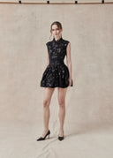 Floral Textured Mini Dress with Mandarin Collar — Black