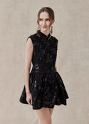 Floral Textured Mini Dress with Mandarin Collar — Black