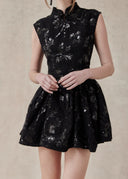Floral Textured Mini Dress with Mandarin Collar — Black