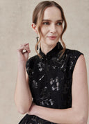 Floral Textured Mini Dress with Mandarin Collar — Black