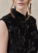 Floral Textured Mini Dress with Mandarin Collar — Black