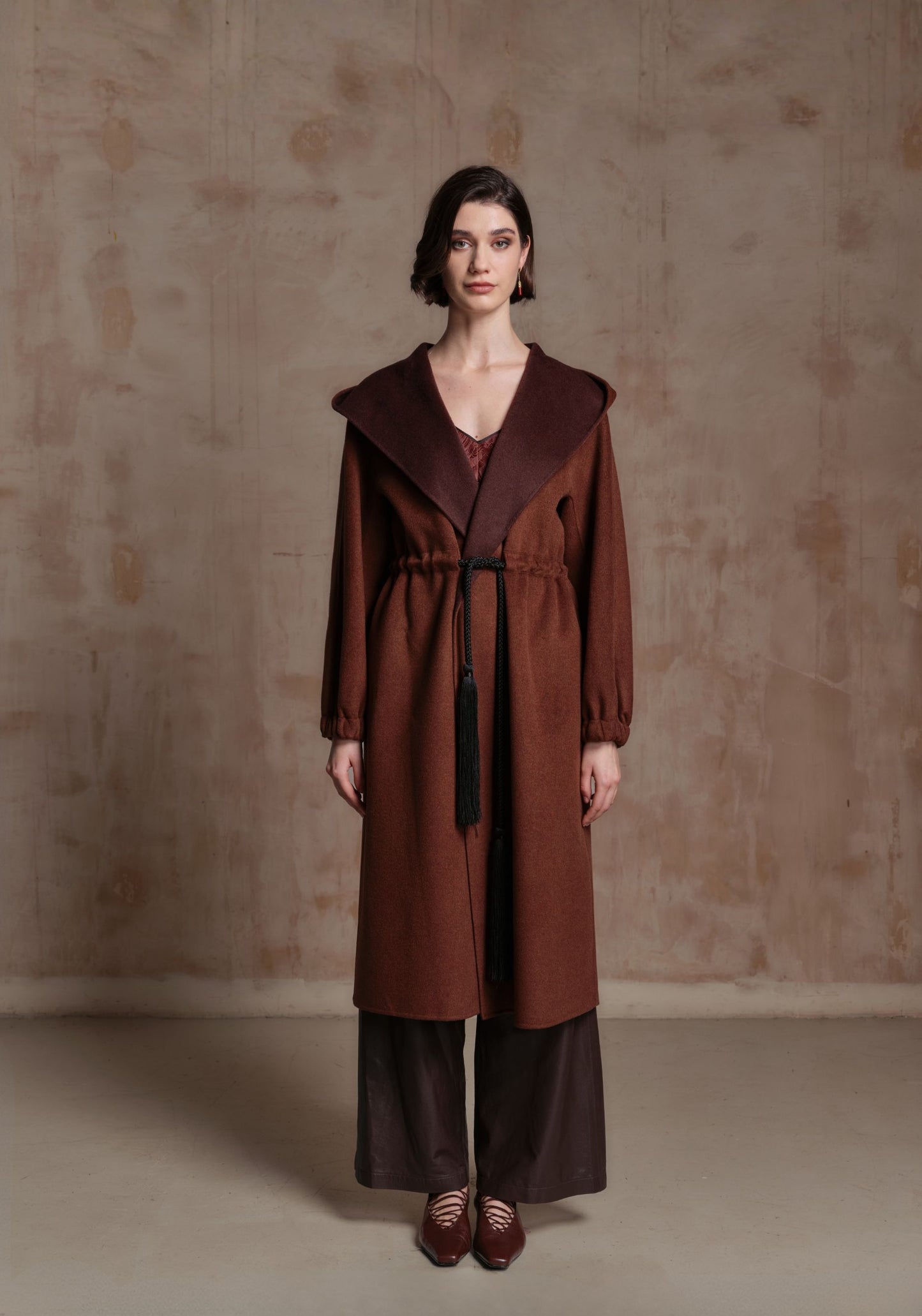 Brown Cashmere Coat with Hood