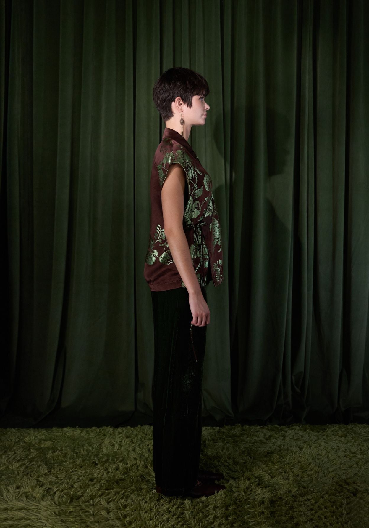 Brown Sleeveless Wrapped Top with Green Jacquard