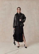 Leather Jacket with Ruffled Collar — Black
