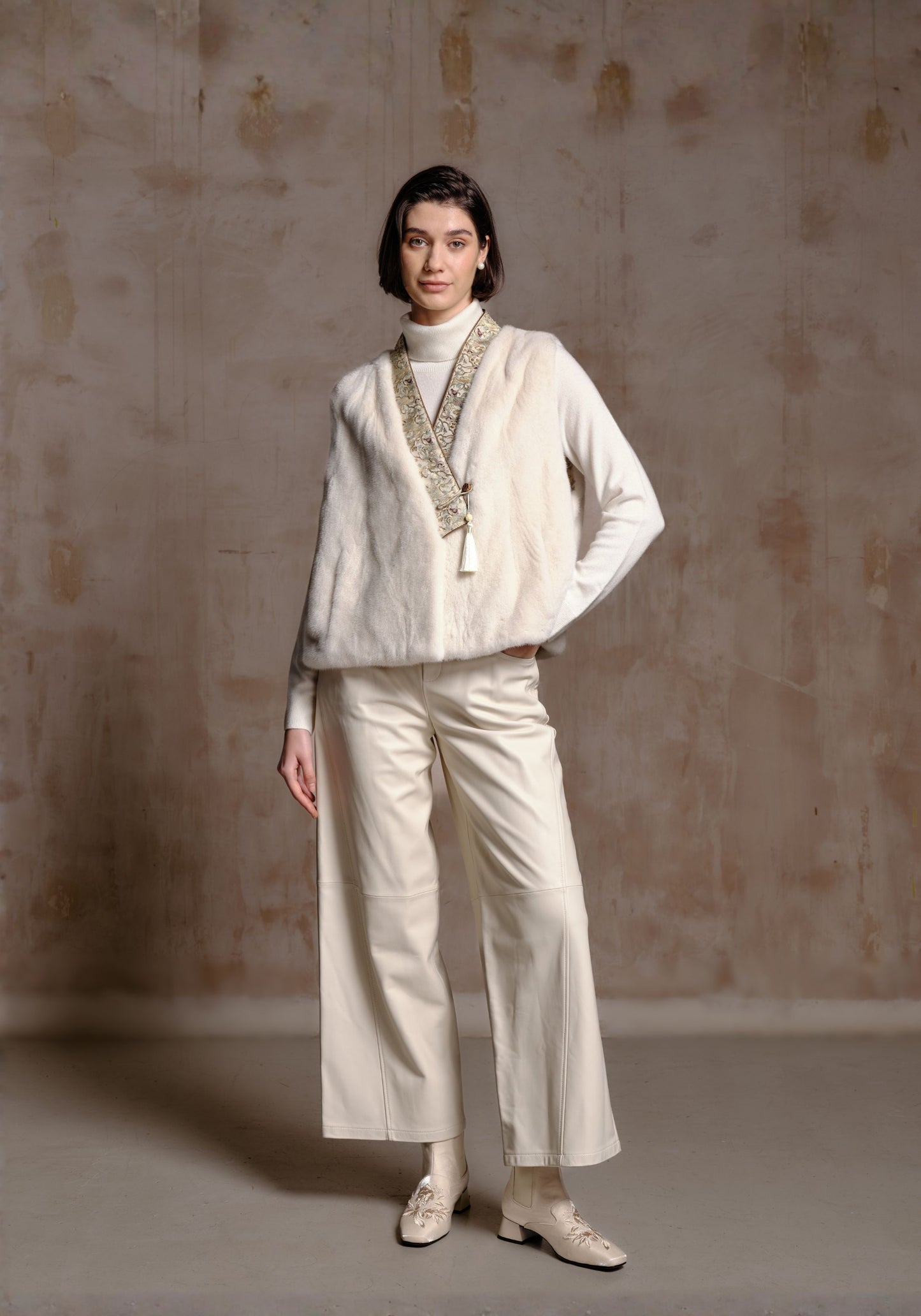 White Fur Vest with Beading Details