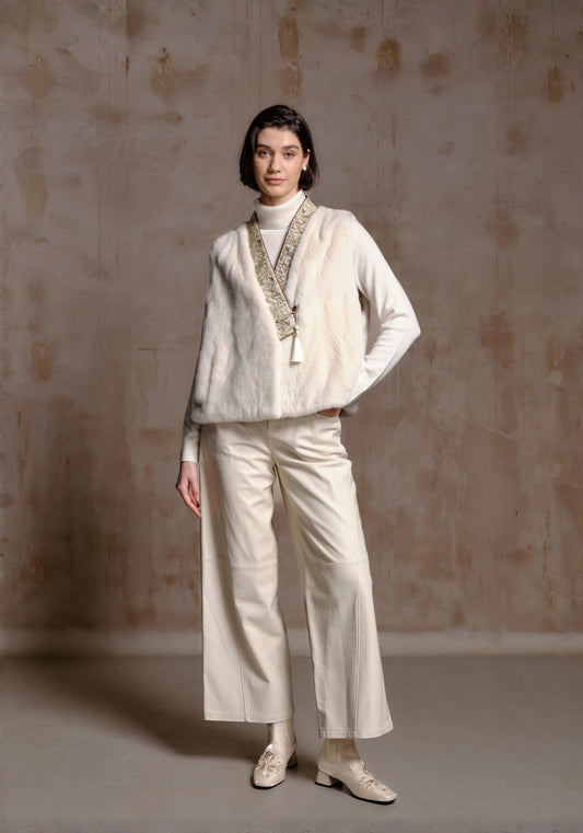 White Fur Vest with Beading Details