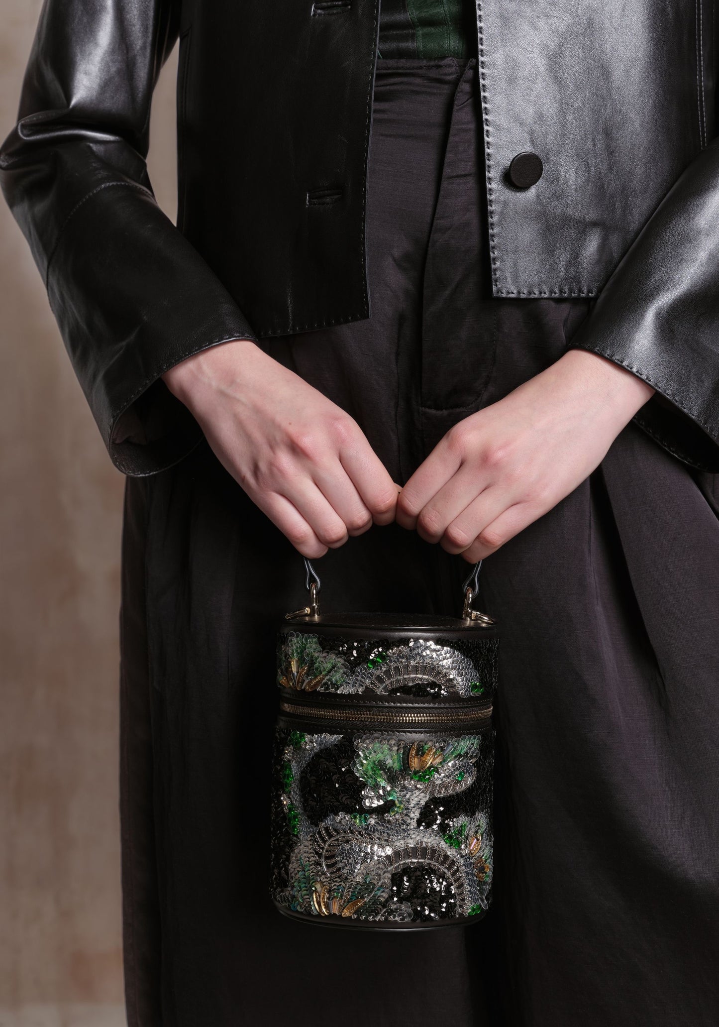 Black Leather Hand-Beaded Bucket Bag