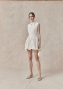 Floral Textured Mini Dress with Mandarin Collar — White