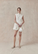 Floral Textured Mini Dress with Mandarin Collar — White