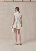 Floral Textured Mini Dress with Mandarin Collar — White