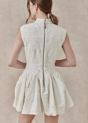 Floral Textured Mini Dress with Mandarin Collar — White
