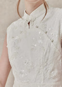 Floral Textured Mini Dress with Mandarin Collar — White