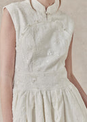 Floral Textured Mini Dress with Mandarin Collar — White