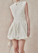 Floral Textured Mini Dress with Mandarin Collar — White