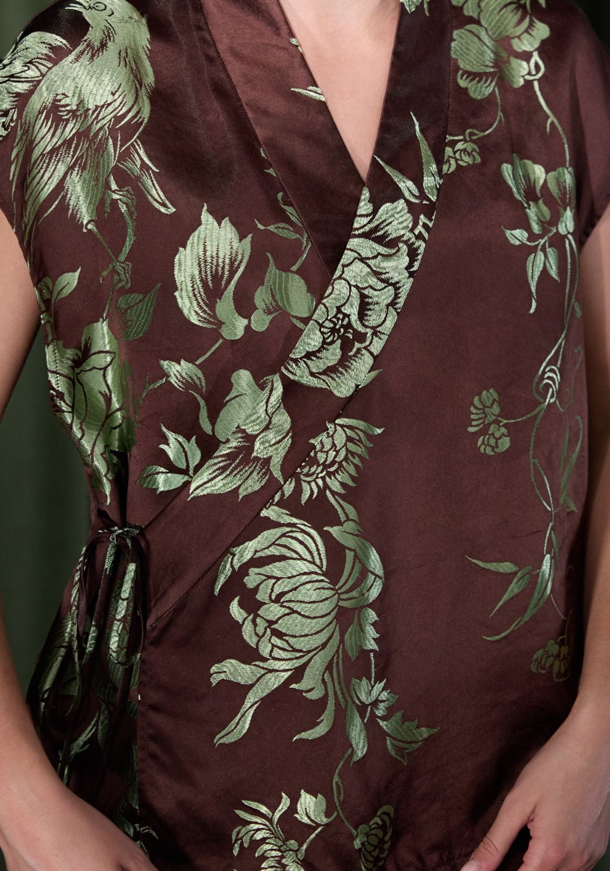 Brown Sleeveless Wrapped Top with Green Jacquard