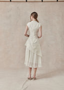 Ivory Layered Dress with Subtle Butterfly Embroidery and Asymmetric Overlay