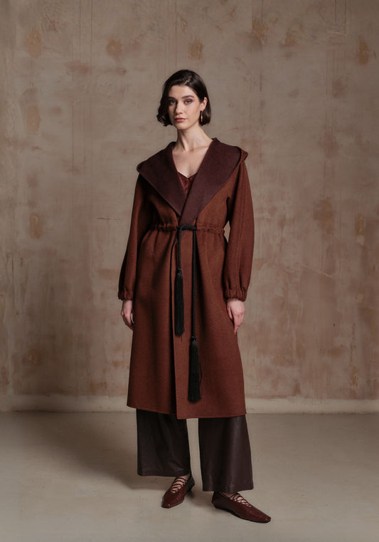 Brown Cashmere Coat with Hood