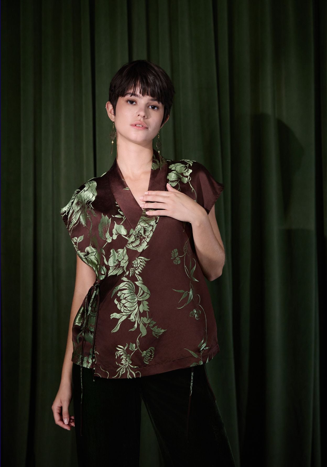 Brown Sleeveless Wrapped Top with Green Jacquard