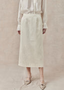 Ivory Wool-Silk Blend Skirt with Bamboo Leaf Pattern