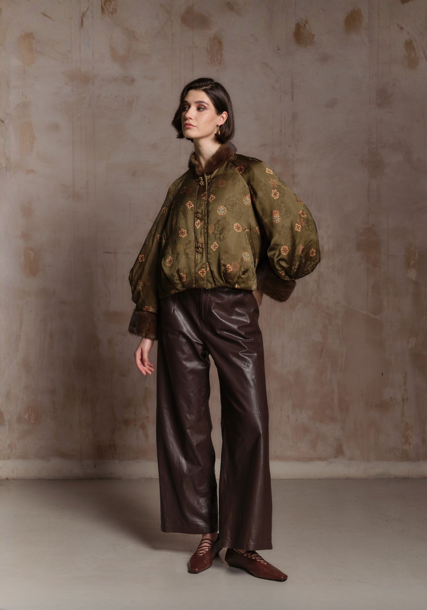 Green Pattern Puffer Jacket with Fur Details