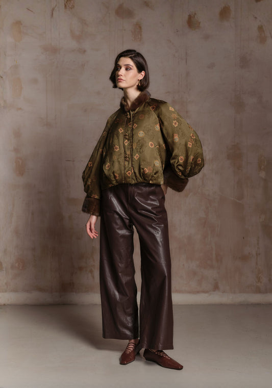 Green Pattern Puffer Jacket with Fur Details