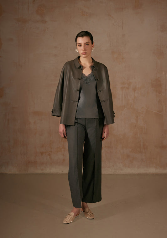 Elephant Grey Leather Jacket with Button Details