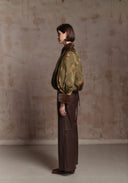 Green Pattern Puffer Jacket with Fur Details