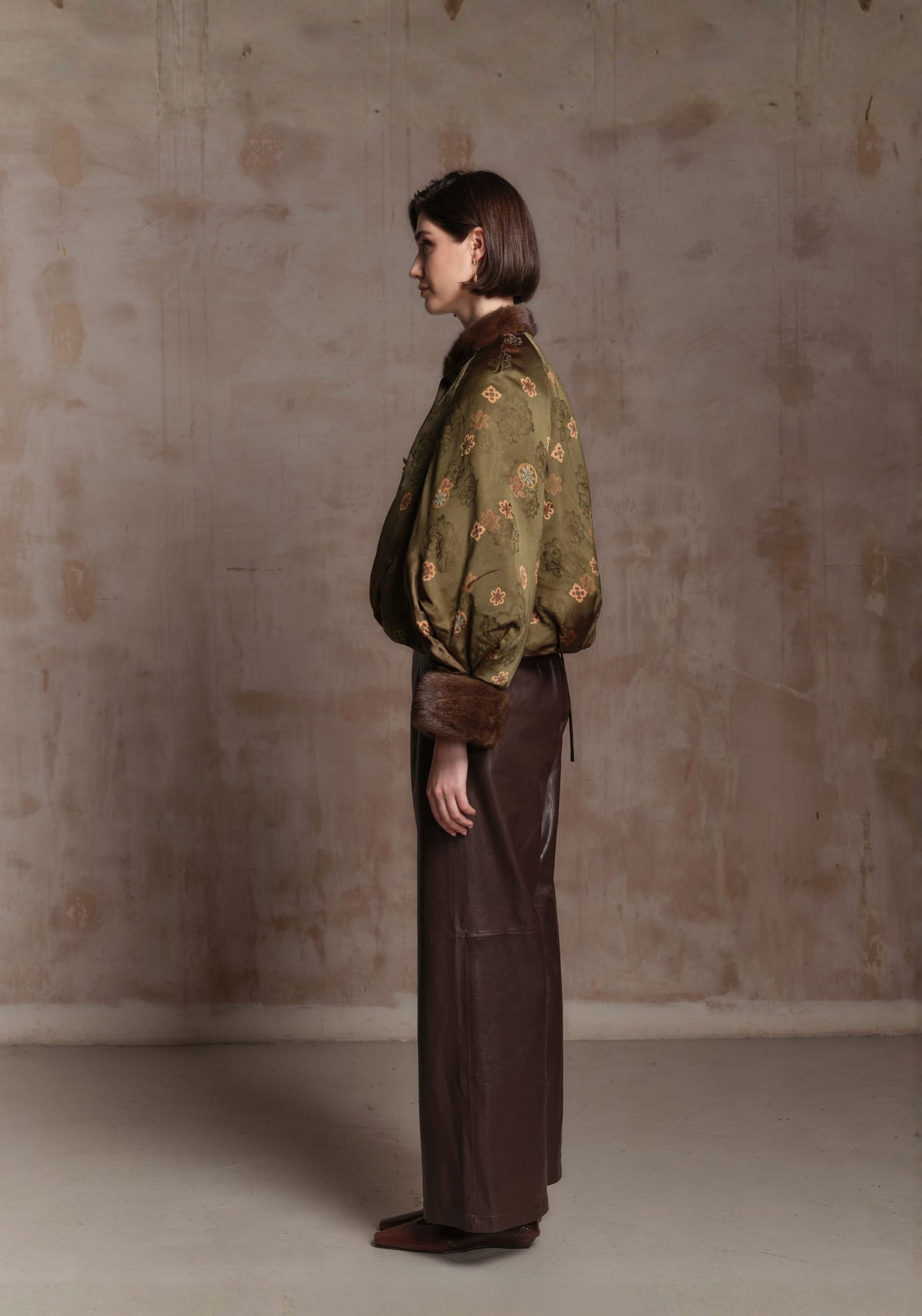 Green Pattern Puffer Jacket with Fur Details