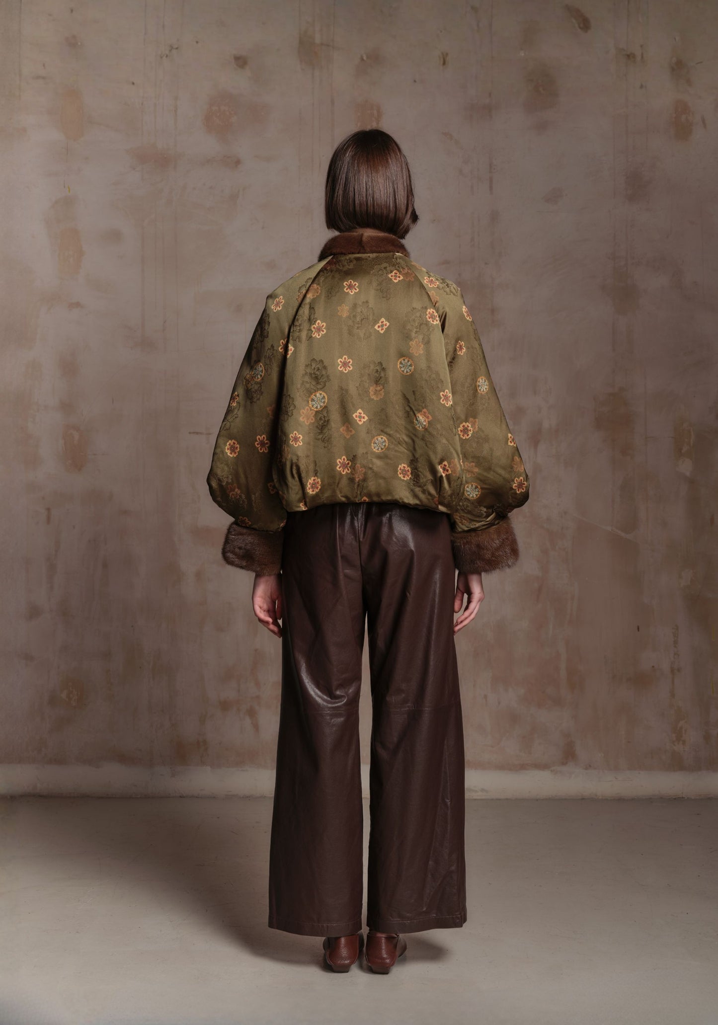 Green Pattern Puffer Jacket with Fur Details