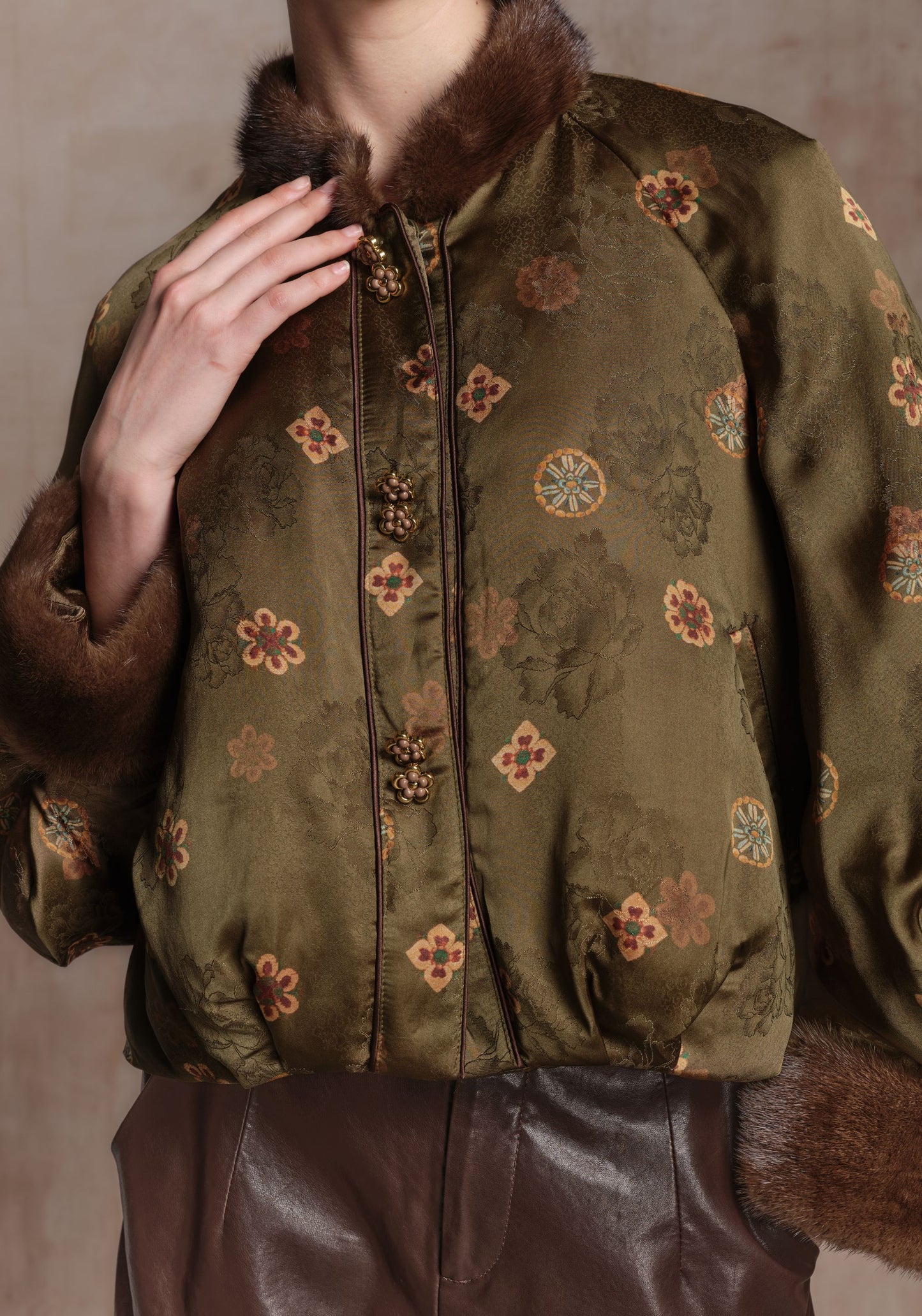 Green Pattern Puffer Jacket with Fur Details