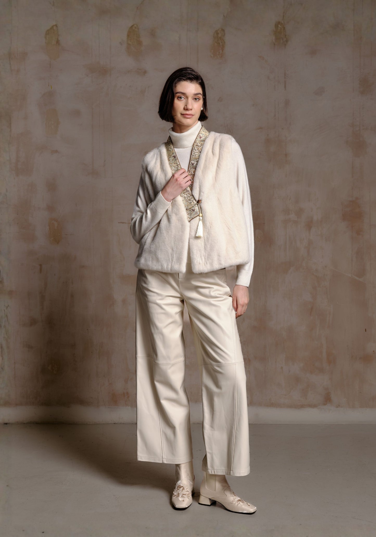 White Fur Vest with Beading Details