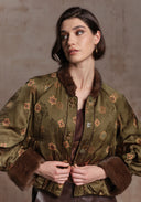 Green Pattern Puffer Jacket with Fur Details