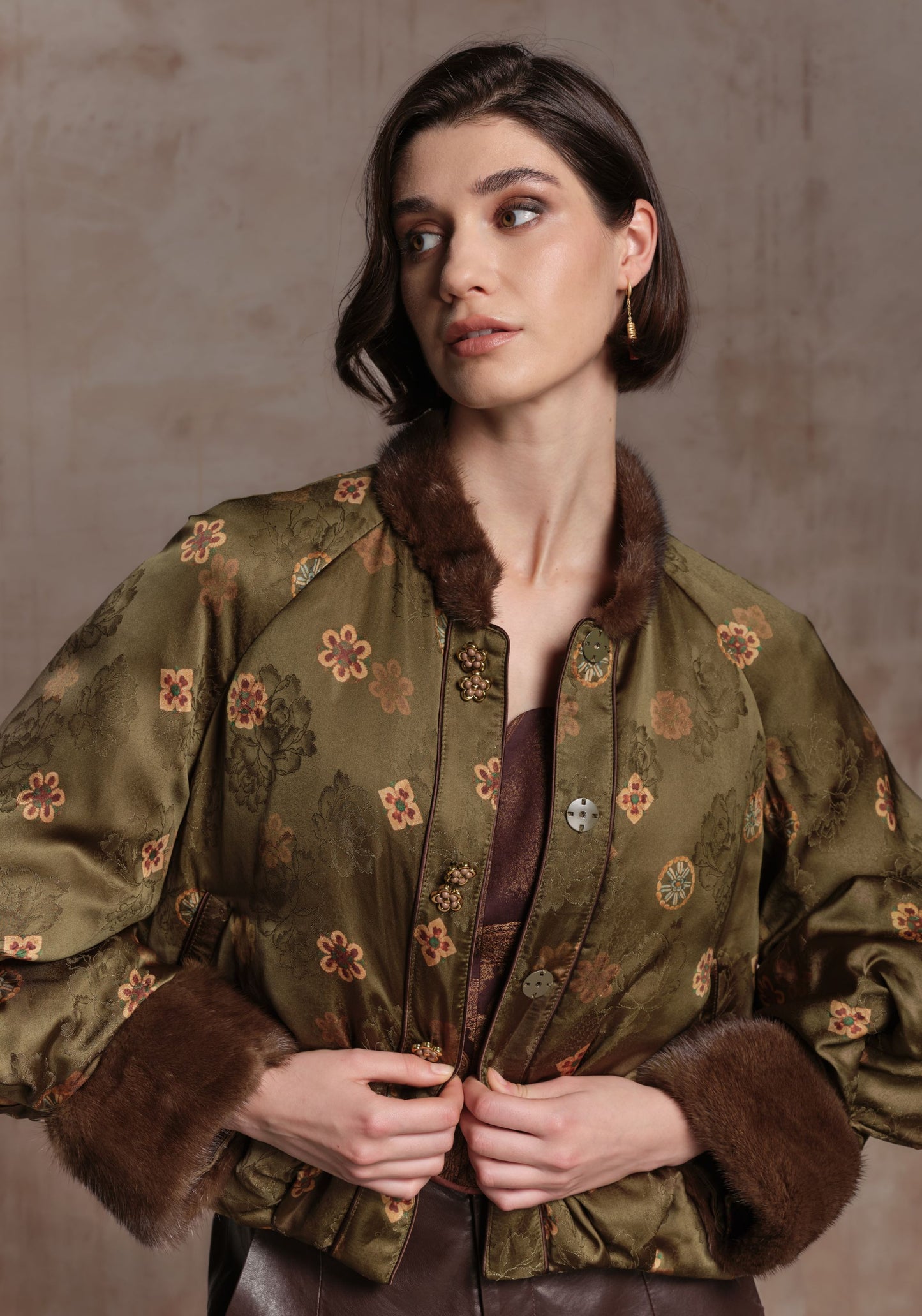 Green Pattern Puffer Jacket with Fur Details